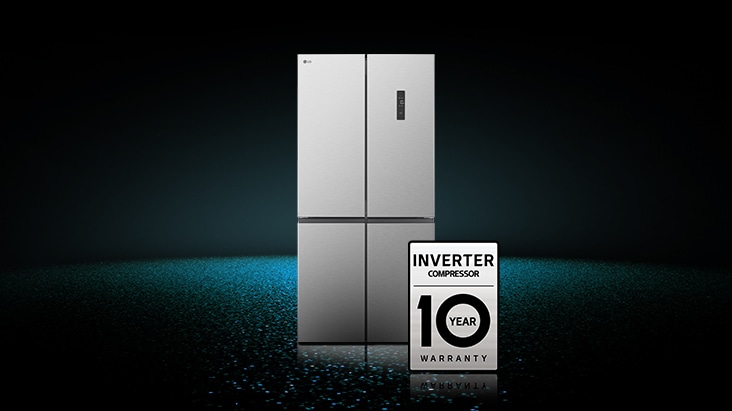 multi door refrigerator with a water dispenser features a 10-year warranty on the inverter compressor, which regulates the cooling in the refrigerator.