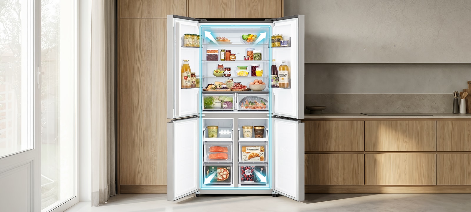 refrigerator with wide open doors, showcasing spacious interior and organized food storage.