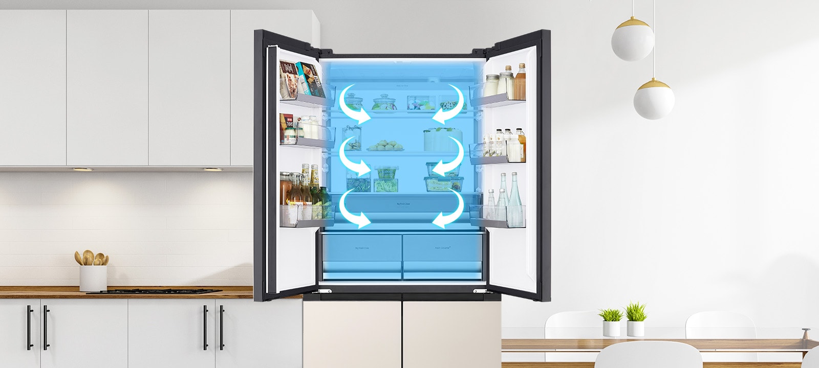 Open refrigerator with multi air flow system, showing cool air circulation for even temperature distribution.