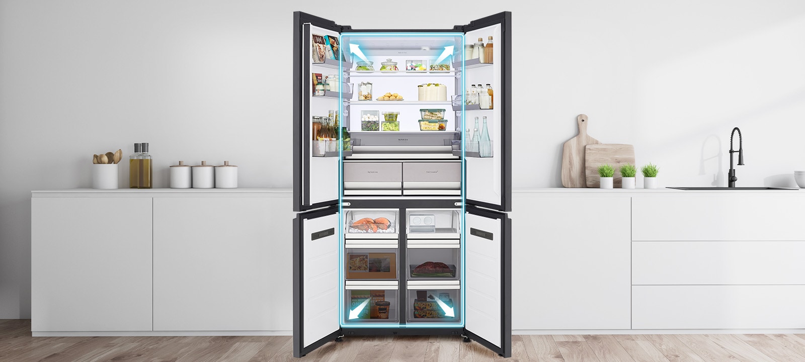 refrigerator with wide open doors, showcasing spacious interior and organized food storage.