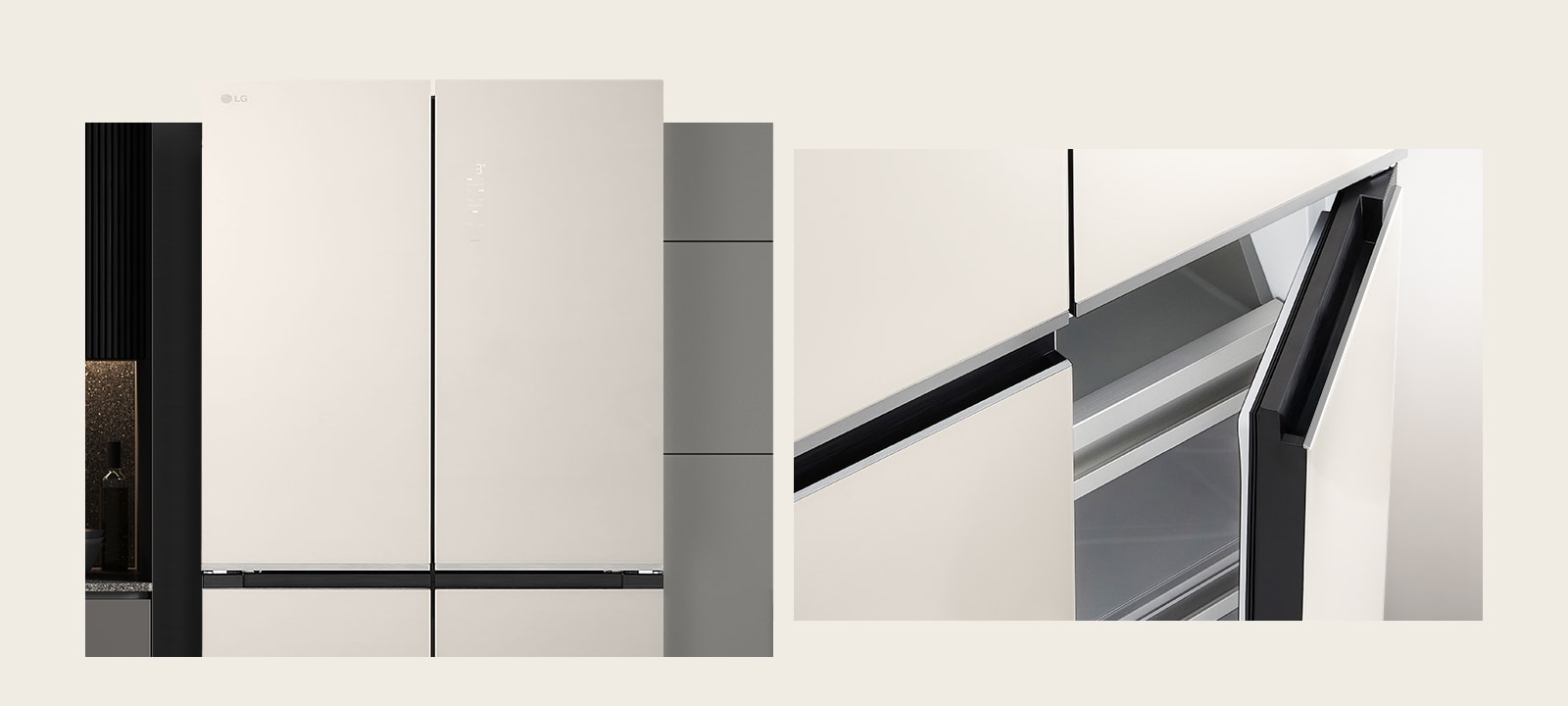 refrigerator shown from the front, with a close-up view highlighting the integrated pocket handle design.