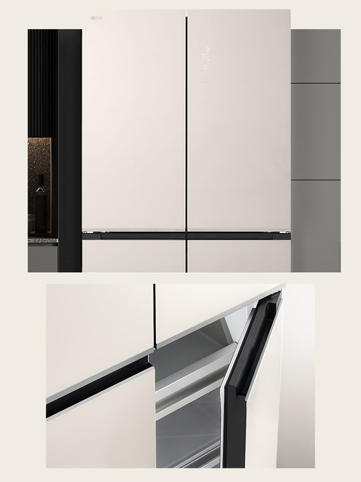 refrigerator shown from the front, with a close-up view highlighting the integrated pocket handle design.