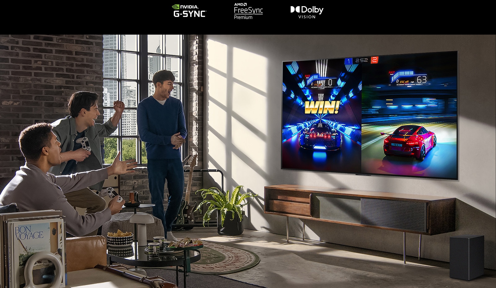 An image of three men playing a racing game on an LG OLED TV in a modern city apartment.