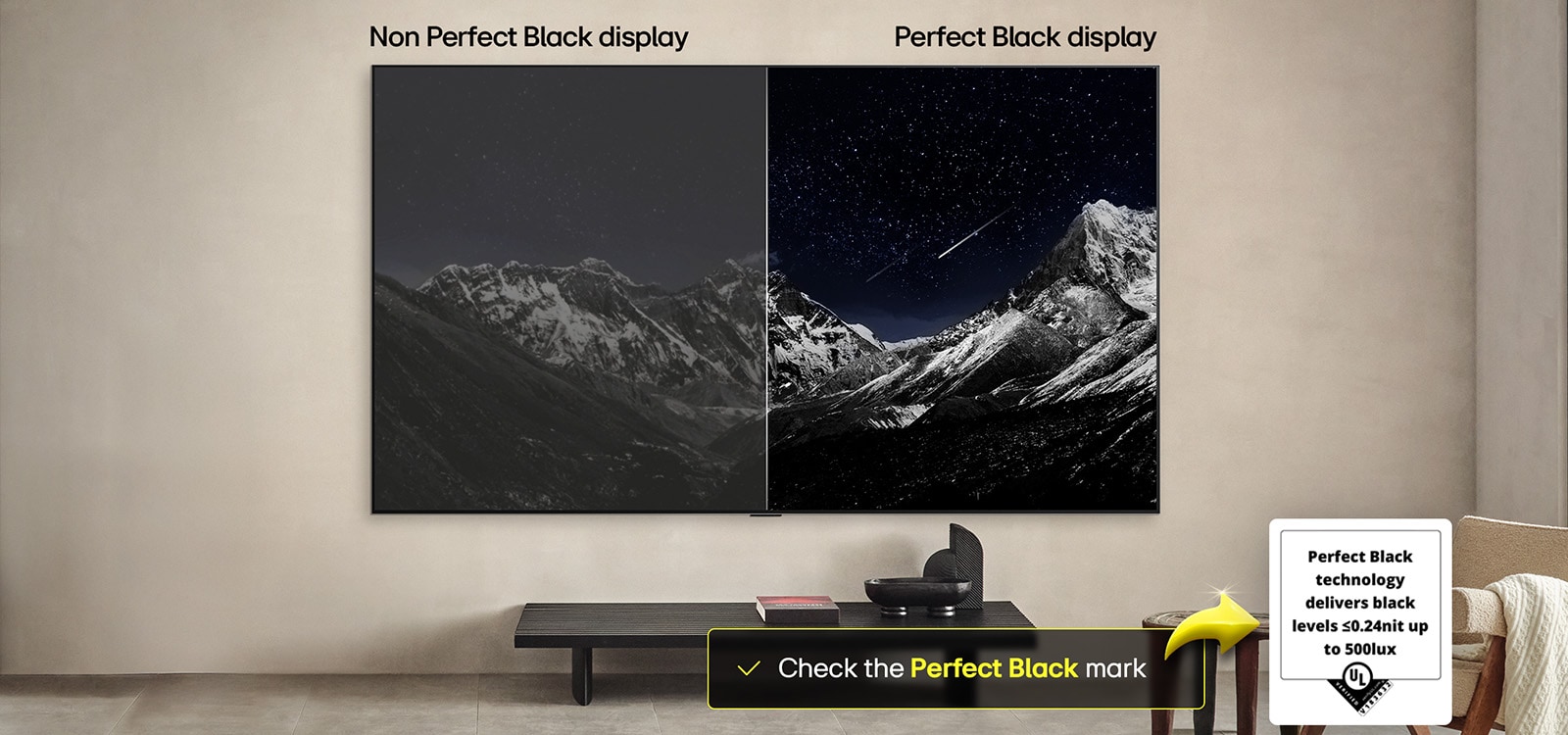Living room space with a wall-mounted LG OLED TV. On the TV is a mountain range against a dark evening sky filled with stars. This scene is split in half. One side shows a duller, grayer version of the landscape labeled, Non Perfect Black display. On the other side is a more pleasing picture with a larger dynamic range of blacks and whites. This is labeled, Perfect Black display. Logo certification is also visible, Perfect Black Technology delivers black levels less than or equal to 0.24 nit up to 500 lux. A text bubble is by its side it says, check the Perfect Black certification mark. 