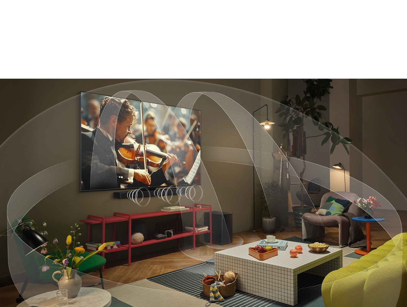 Living room with an LG OLED TV and LG Soundbar with graphics representing how both devices fill the space with multi-surround sound.