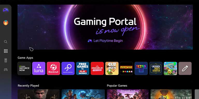 Gaming Portal home screen. Cursor moves and clicks to show many popular game titles, and the added function of being able to select games depending on the type of controller you have whether it's a game pad or the remote control. 