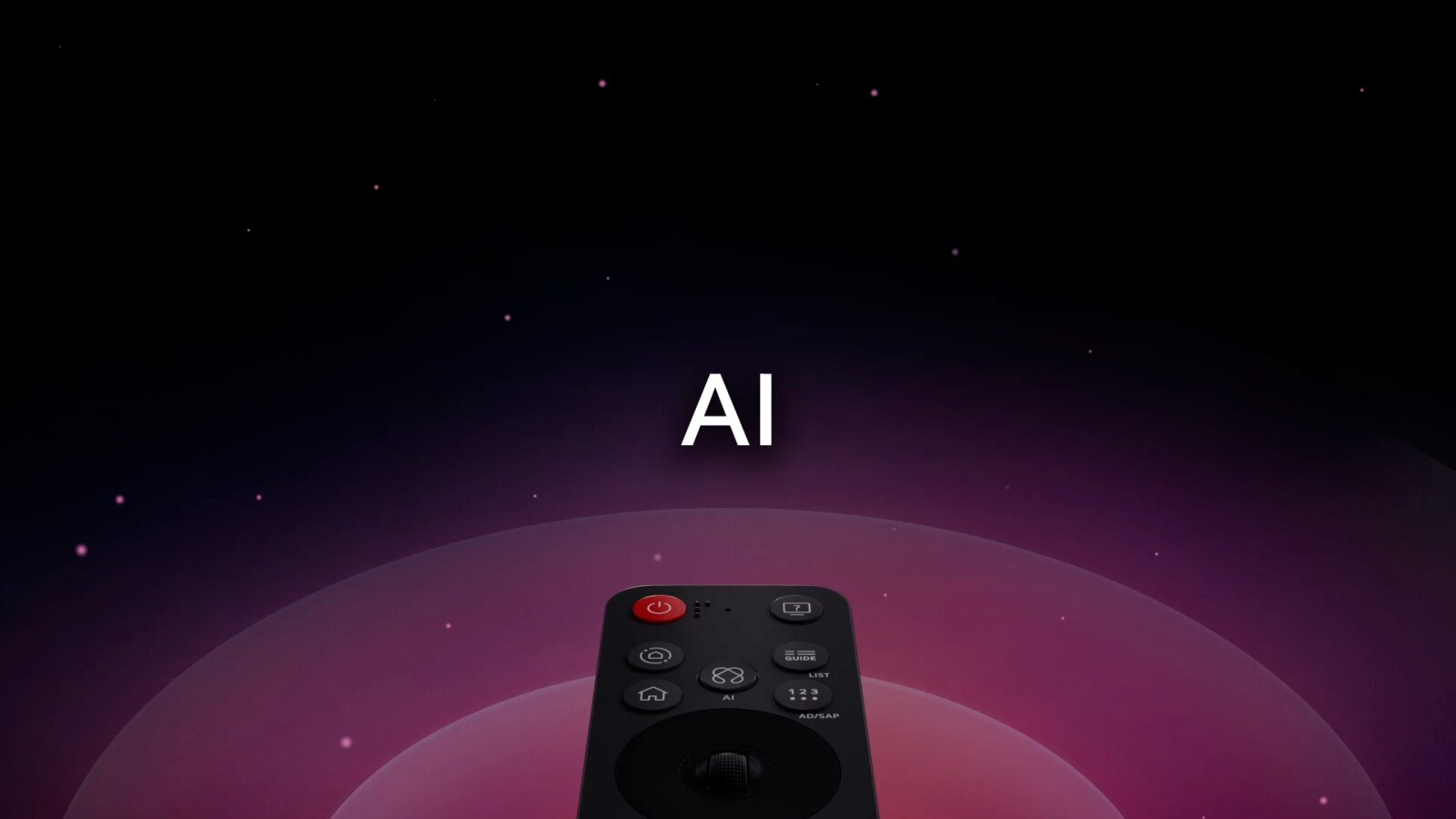 LG AI Magic Remote against an abstract background. The AI button is highlighted. There is a graphic UI representation with icons of how the AI button allows users to access different AI functionality. The services include AI Voice ID, AI Search, AI Chatbot, AI Concierge, AI Picture Wizard, and AI Sound Wizard. The mouse-like functionality is then showcased as the cursor appears over an interface, showing how the remote offers simplified controls.