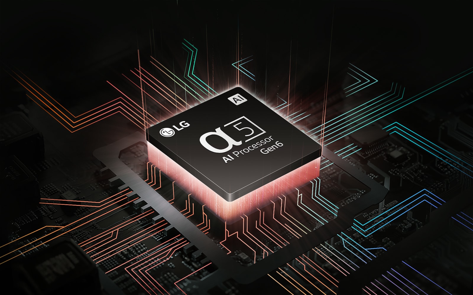 LG's alpha 5 AI Processor Gen6 with red and green light emanating underneath, and colorful circuit board lines branching off the AI Processor.