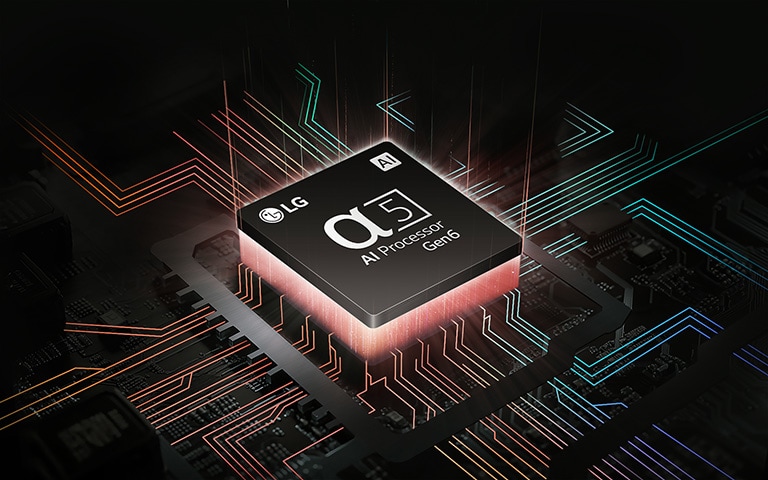 LG's alpha 5 AI Processor Gen6 with red and green light emanating underneath, and colorful circuit board lines branching off the AI Processor.