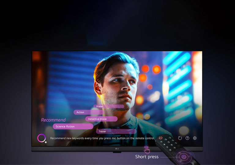 LG HD TV and remote control. The mic button on the remote control lit up, and voice search keyword recommendations appear on the screen.	
