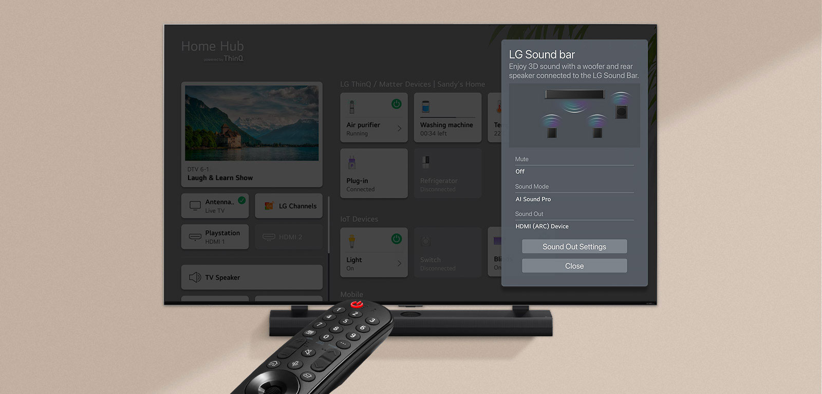 A remote control pointed at an LG TV showing settings on the right side of the screen.