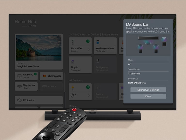 A remote control pointed at an LG TV showing settings on the right side of the screen.