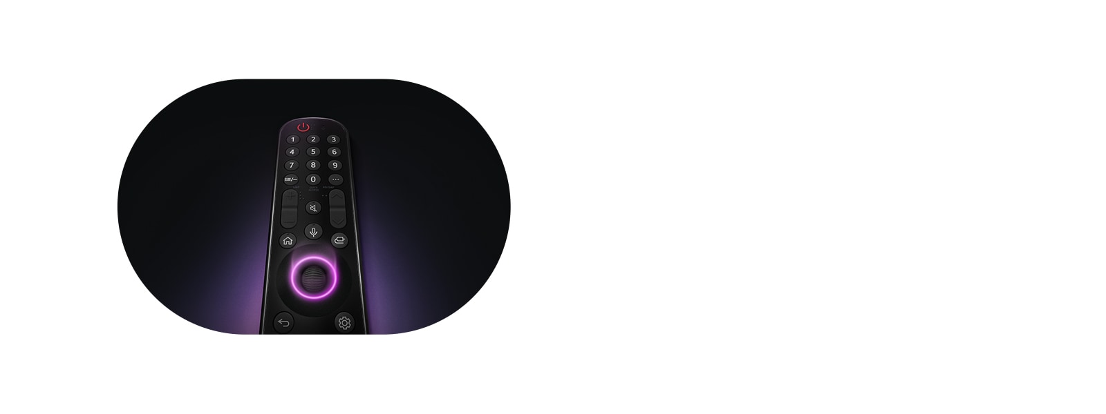 An LG Magic Remote with the middle circular button, as neon purple light emanates around the button to highlight them. A soft purple glow surrounds the remote on a black background.