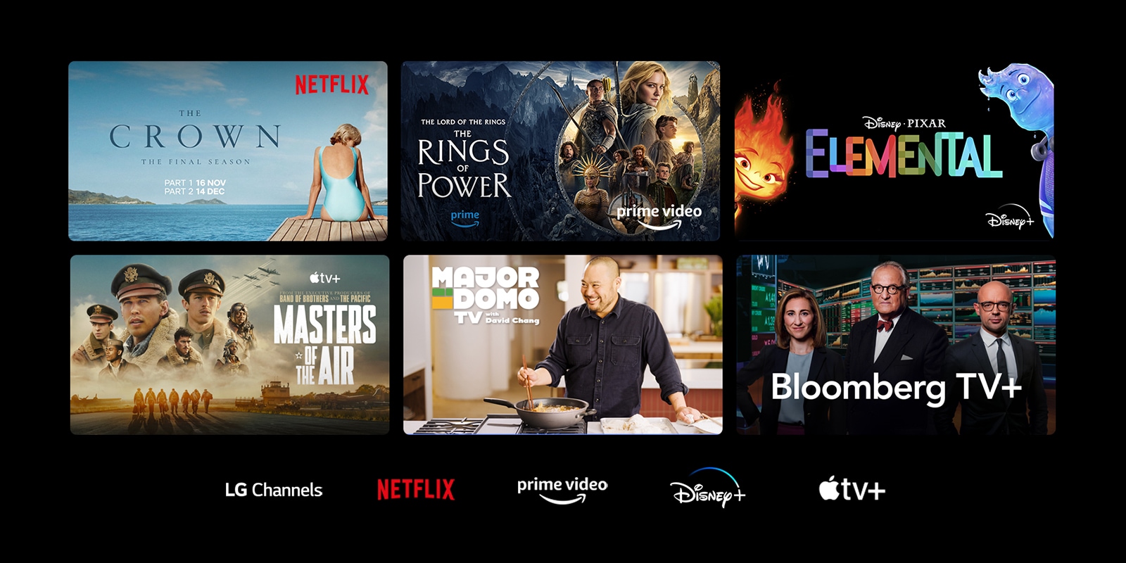 Six thumbnails of movies and TV shows are displayed and the logos of LG Channels, Netflix, Prime Video, Disney+, and Apple TV+ are below.