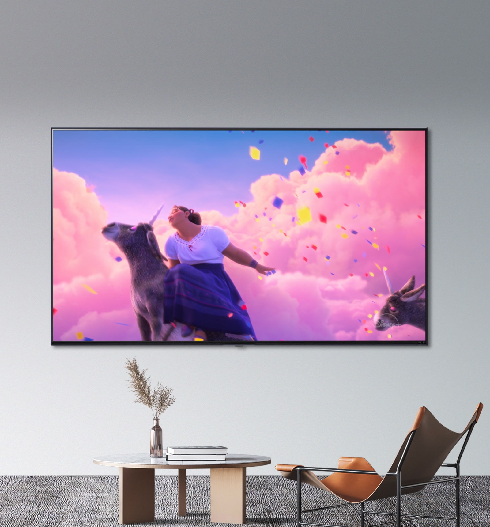 Scenes from Disney's animated film "Encanto" showcase bright, vivid colors on an LG NanoCell TV.