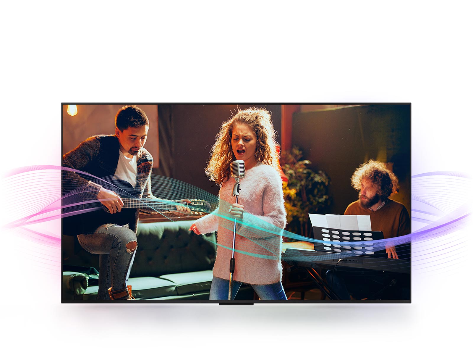 A man playing guitar, a woman singing into a mic, and a man playing the piano are pictured. Soundwaves which are coming from them are seen to show sound emission and how sound quality is enhanced with Al Clear Sound.