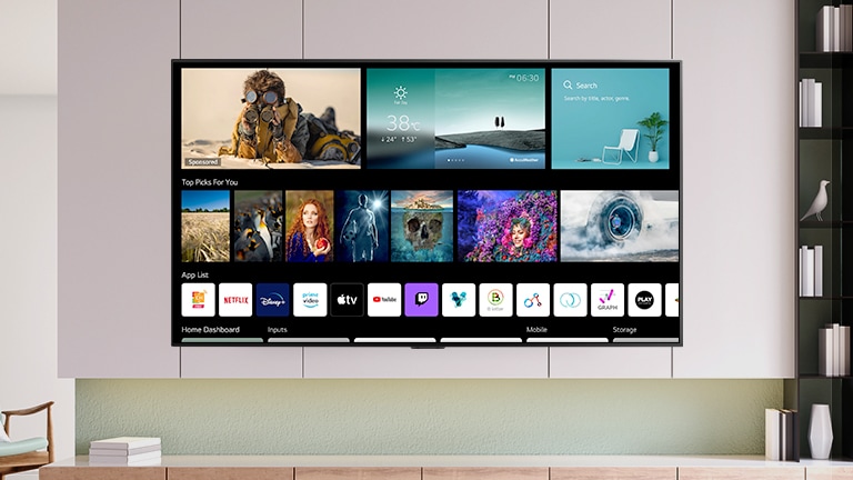 A TV screen displaying newly designed home screen with personalized contents and channels