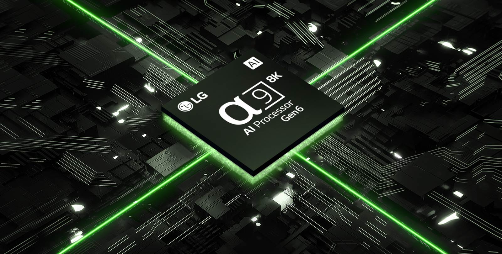 A video of the α9 AI Processor 8K Gen6 against a circuit board. The board illuminates, and green lights emit from the chip representing its power.