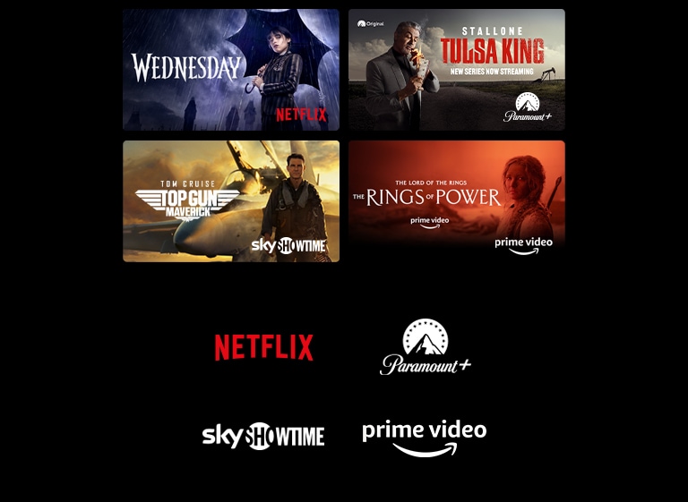A poster of Wednesday from Netflix, The Rings of Power from Prime Video, and Ted Lasso from Apple TV Plus.