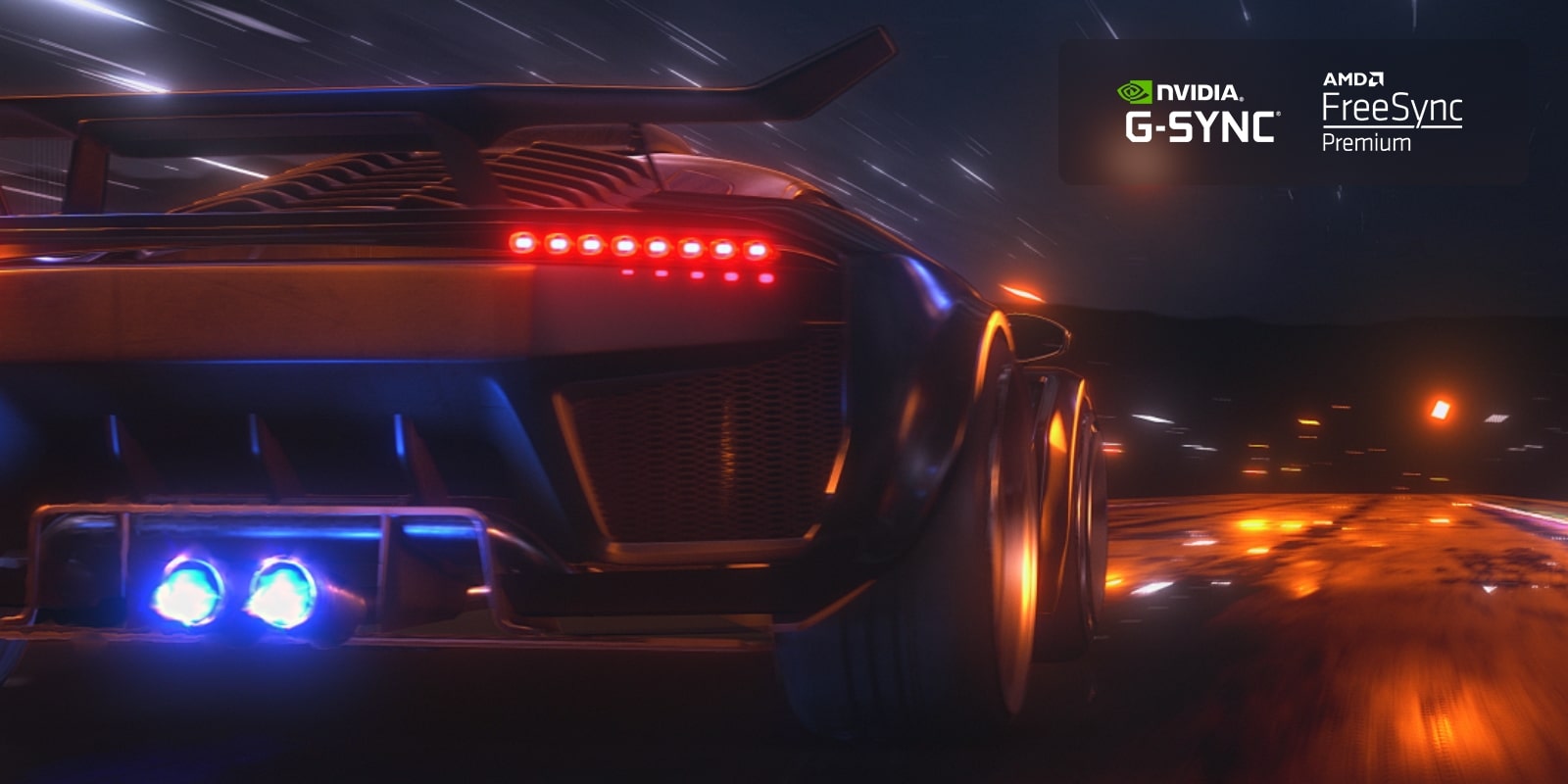 A blurry scene of a car driving fast in a racing game. The scene is refined, resulting in smooth and clear action. NVIDIA G-SYNC logo and FreeSync Premium logo in the top right corner.