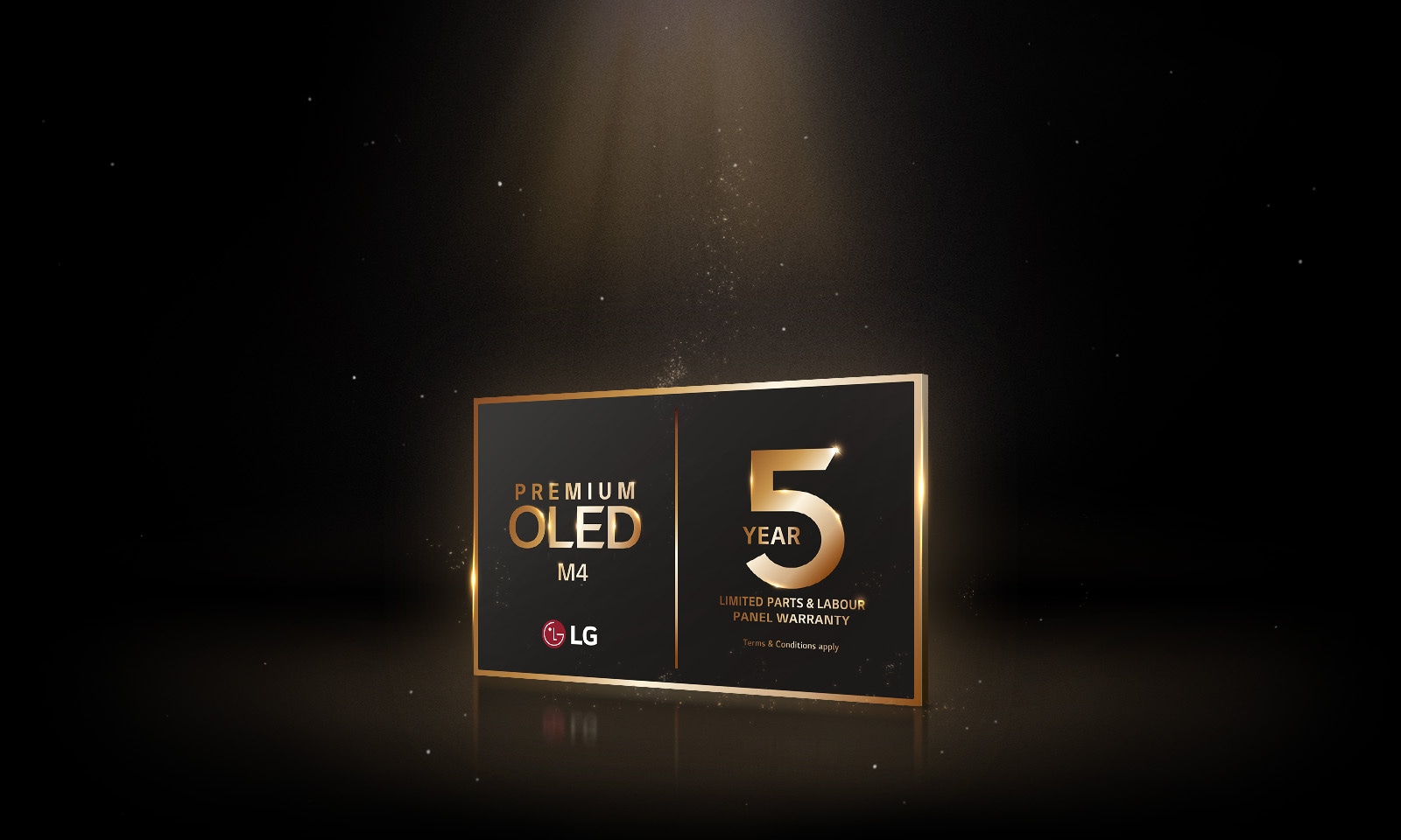 LG OLED Care+ and 5 Year Panel Warranty in gold logo against a black backdrop, illuminated by gold light from above.