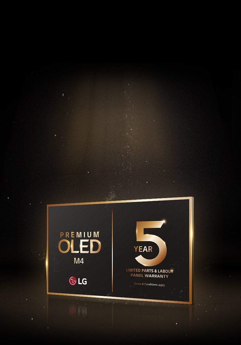 LG OLED Care+ and 5 Year Panel Warranty in gold logo against a black backdrop, illuminated by gold light from above.