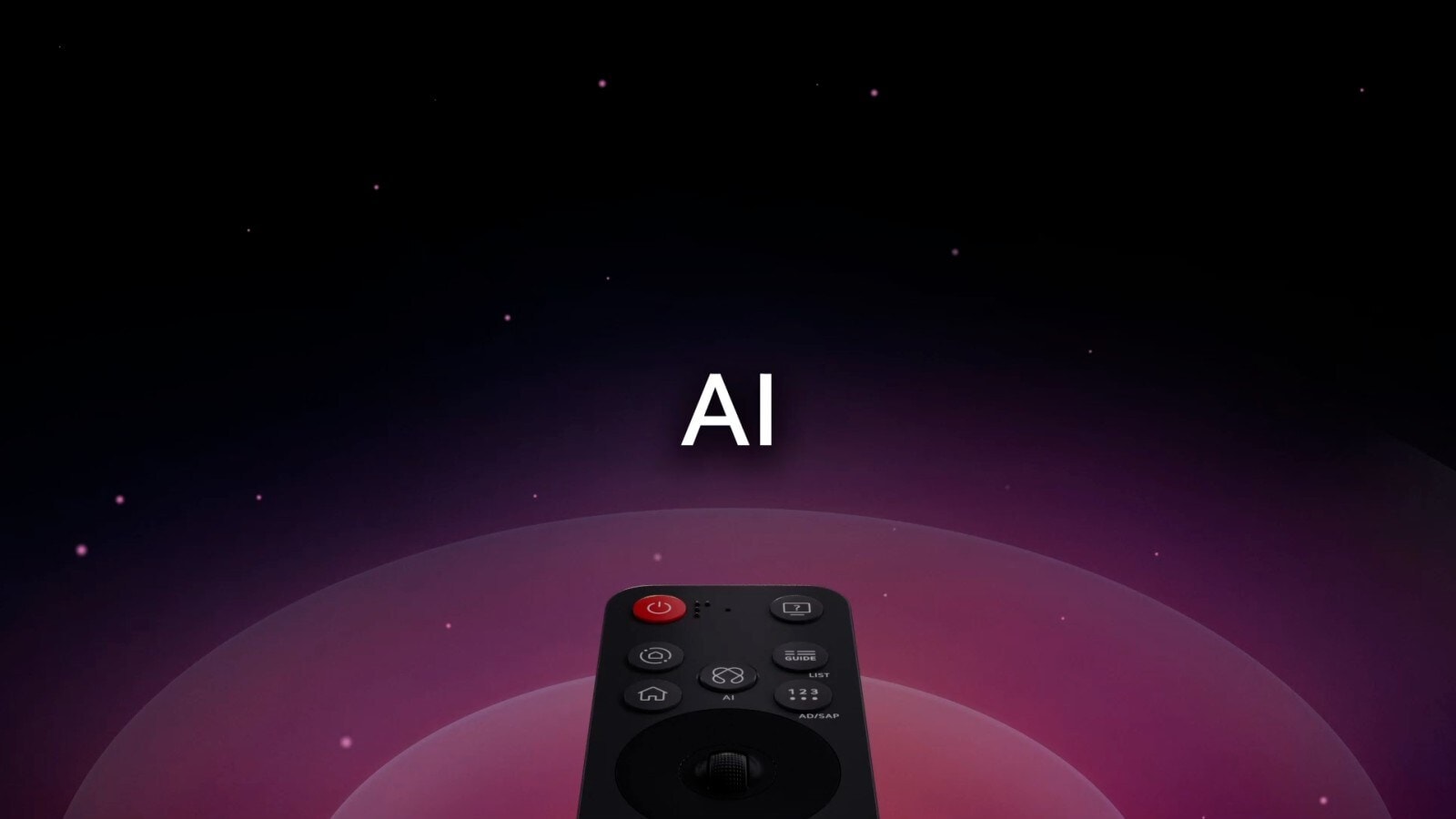 LG AI Magic Remote with the AI button highlighted. There is a graphic UI representation with icons of how the AI button allows users to access different AI functionality. The services include AI Voice ID, AI Search, AI Chatbot, AI Concierge, AI Picture Wizard, and AI Sound Wizard. Functionality is then showcased as the cursor appears over an interface, showing how the remote cam be used like an air mouse to just point and click.