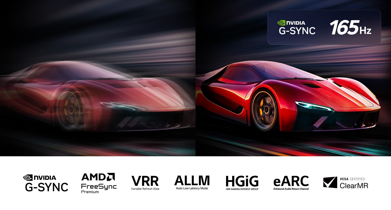 Two images of a car in a video game side-by-side. One shows a lot of motion blur. The other is sharp and in-focus showing the high frame rate of LG OLED TV. Nvidia G-Sync logo and 165Hz logo and other relevant certifications are visible. 