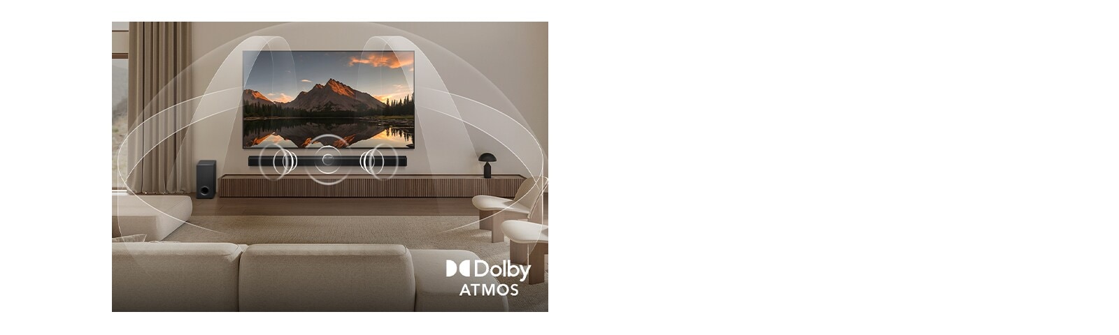 Dimly lit, cozy living room with a couple watching a movie on their LG OLED TV with LG Soundbar. Graphics show how Dolby Atmos fills the whole space with surround sound from all directions. Dolby Atmos logo is at the bottom corner.