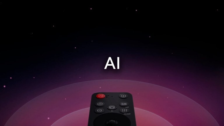 LG AI Magic Remote with the AI button highlighted. There is a graphic UI representation with icons of how the AI button allows users to access different AI functionality. The services include AI Voice ID, AI Search, AI Chatbot, AI Concierge, AI Picture Wizard, and AI Sound Wizard. Functionality is then showcased as the cursor appears over an interface, showing how the remote cam be used like an air mouse to just point and click.