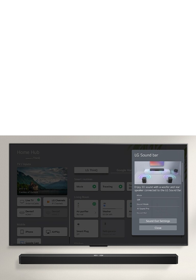 LG Soundbar is below an LG OLED TV. On the TV screen is the UI for the soundbar and TV volume controls. 