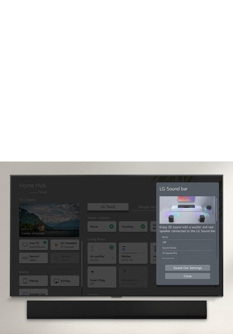 LG Soundbar is below an LG OLED TV. On the TV screen is the UI for the soundbar and TV volume controls. 