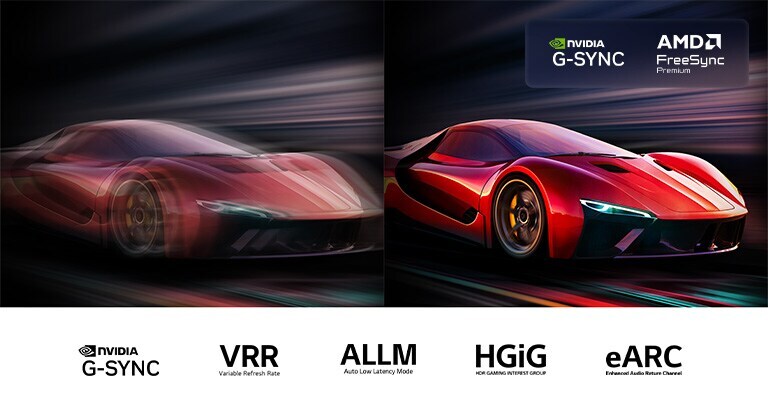 Two images of a car in a video game side-by-side. One shows a lot of motion blur. The other is sharp and in-focus showing the high frame rate of LG OLED TV. Nvidia G-Sync logo, AMD FreeSync Premium, and other relevant certifications are visible. 