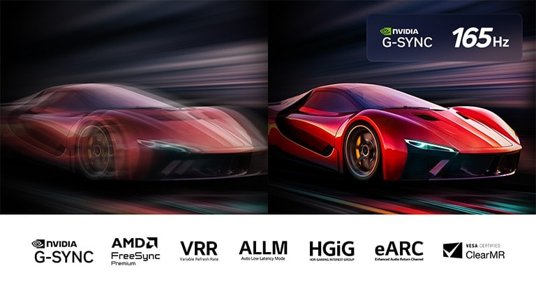 Two images of a car in a video game side-by-side. One shows a lot of motion blur. The other is sharp and in-focus showing the high frame rate of LG OLED TV. Nvidia G-Sync logo and 165Hz logo and other relevant certifications are visible. 