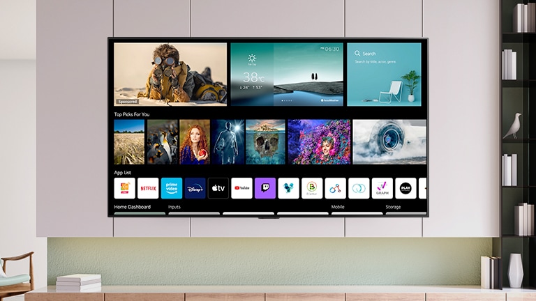 A TV screen displaying newly designed home screen with personalised contents and channels