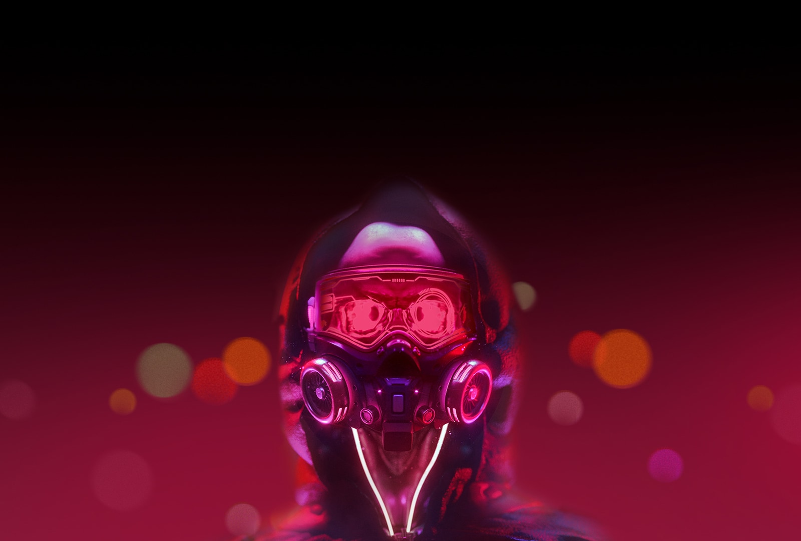 An image of a robot in red lighting. It blinks eyes slowly. 