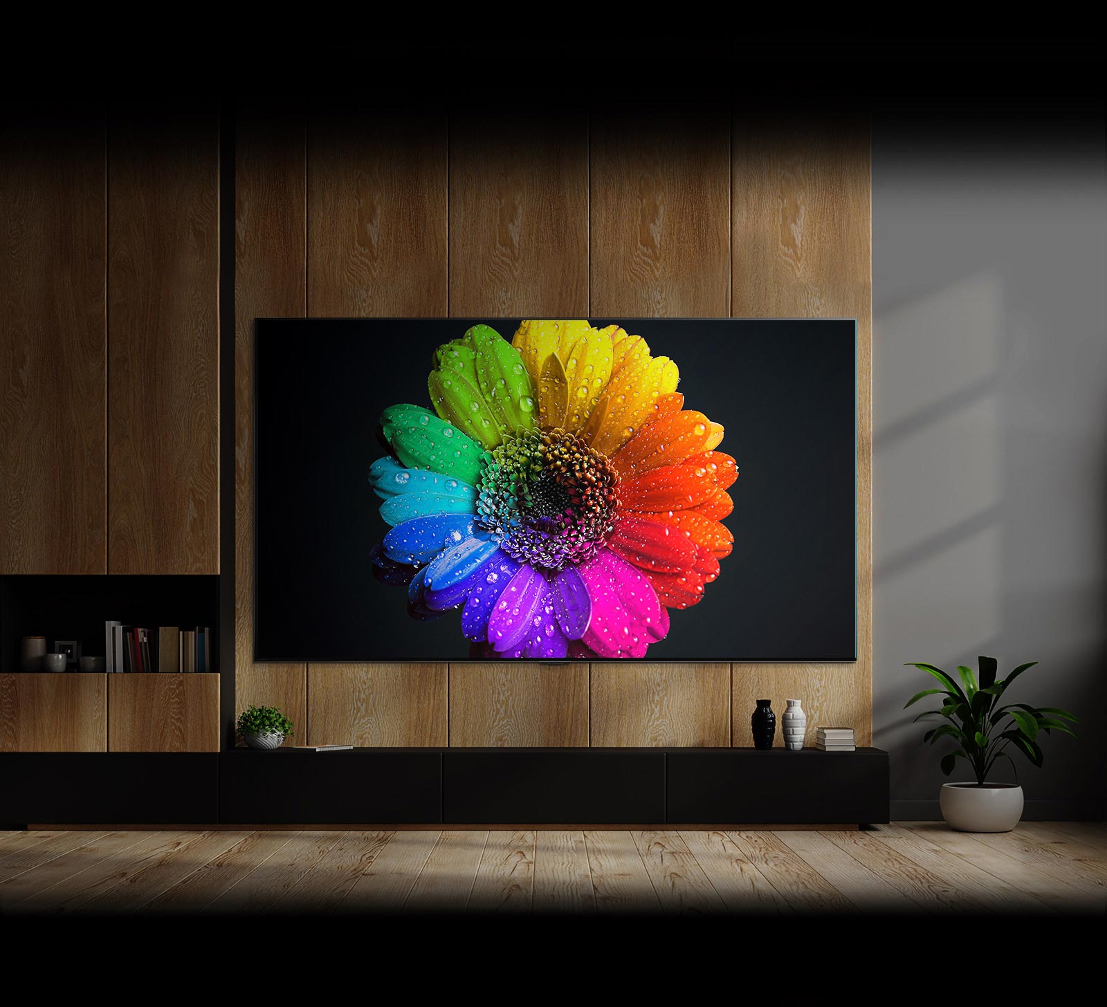 Mini LED lights inside TV light up and fill in entire TV monitor and turns into very colorful flower on TV in the end.