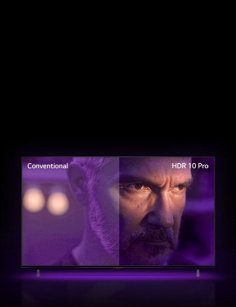 A man is staring outside, looking mad. The image is divided into two part. On left half of image appears to be dull and less vibrant color, while on the right half of image looks more vibrant with more colors. On left top corner says ‘conventional’, on right top corner says ‘HDR 10 PRO’. 