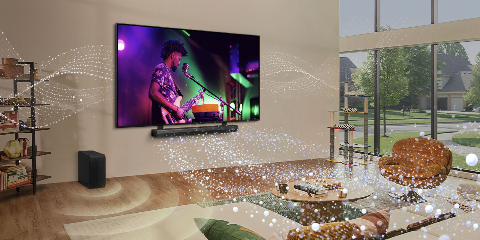 LG TV and LG soundbar mounted on the wall in a living room and  bright shape graphics all around the room.