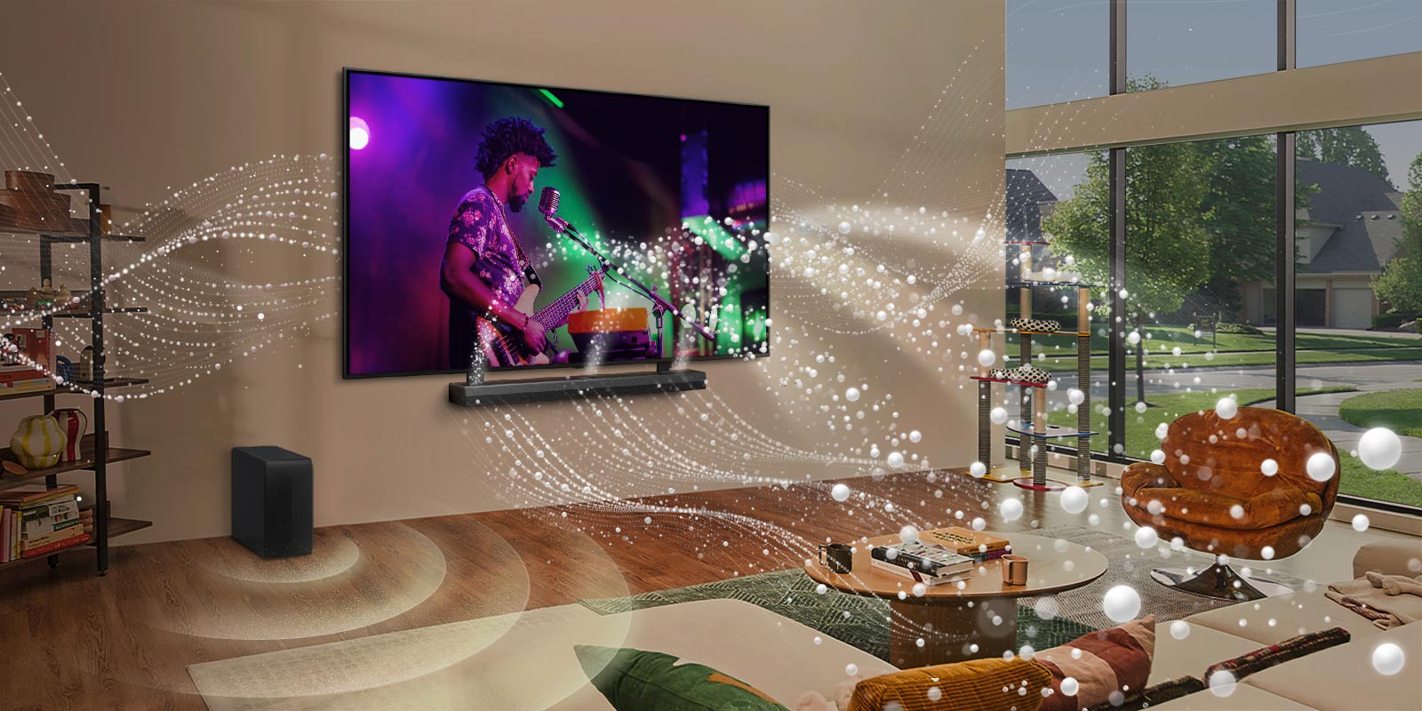 LG TV and LG soundbar mounted on the wall in a living room and  bright shape graphics all around the room.