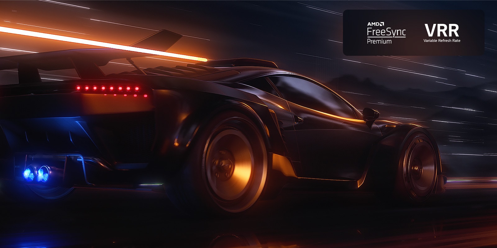 A blurry scene of a car driving fast in a racing game. The scene is refined, resulting in smooth and clear action. FreeSync Premium logo and VRR logo in the top right corner.