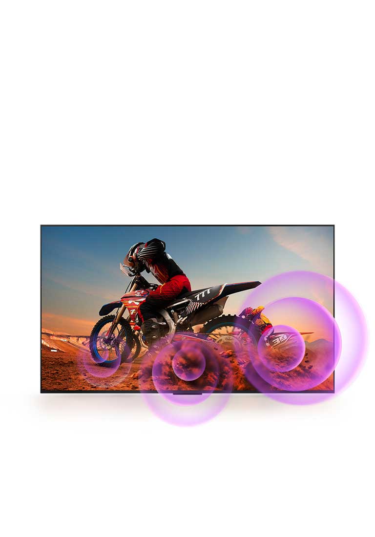 LG QNED TV depicts a man on a motorcycle with purple abstract circles coming out of the wheel to visualize sound emission.