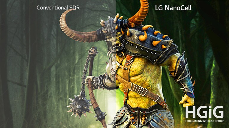 A scene of a game with monster shown on a conventional TV and other half on an LG NanoCell TV with HDR