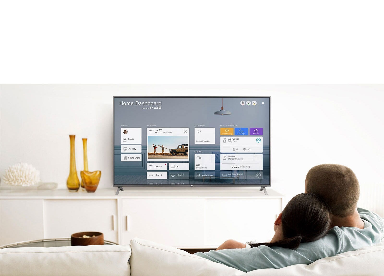 A men and women sitting on a sofa in the living room with the Home Dashboard on the TV screen