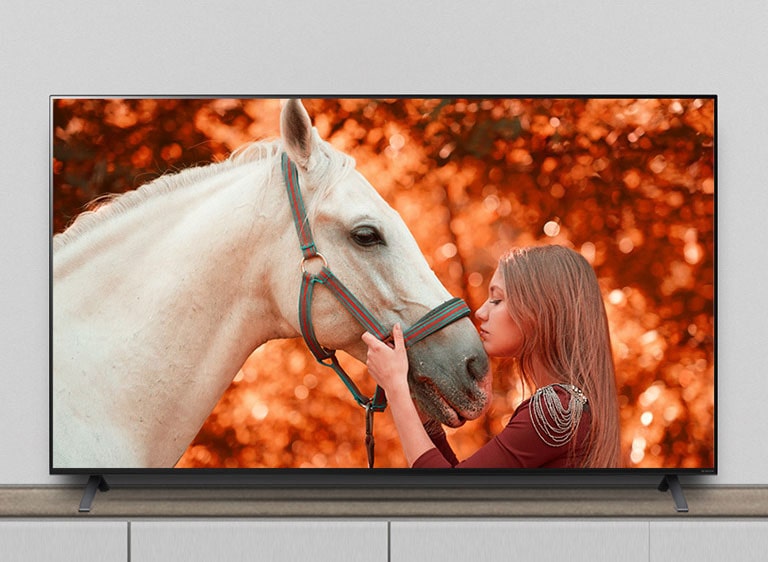 The TV is on the stand, and the screen shows a scene of a movie featuring a horse and a woman.