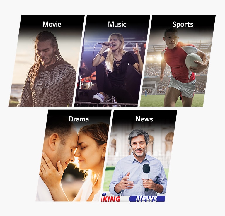 Five vertical title cards for Movie, Music, Sports, Drama and News