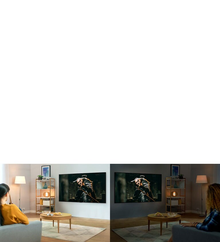 Two women watching the same scene on TV in mirrored living rooms and different brightness conditions