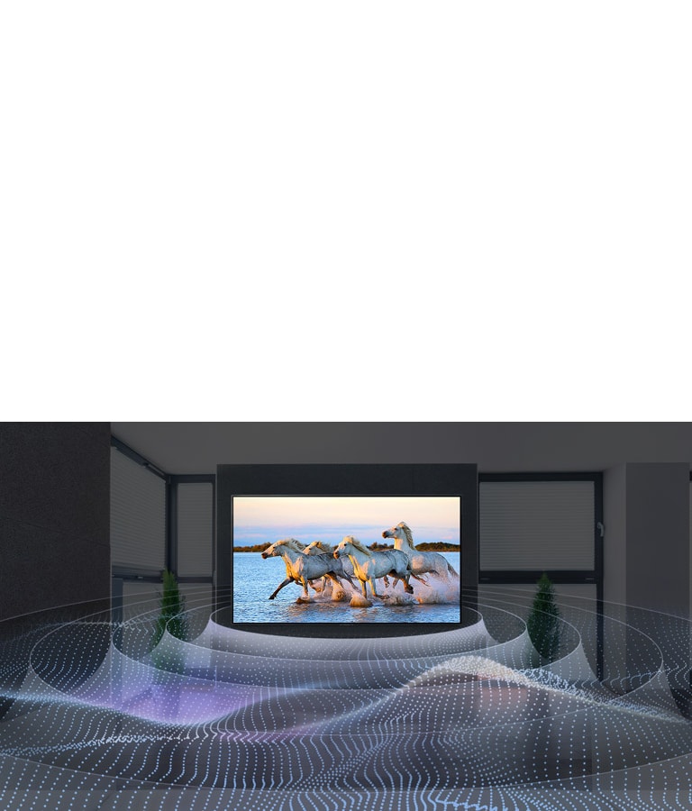 Four white horses running in the water on TV with surround sound graphic