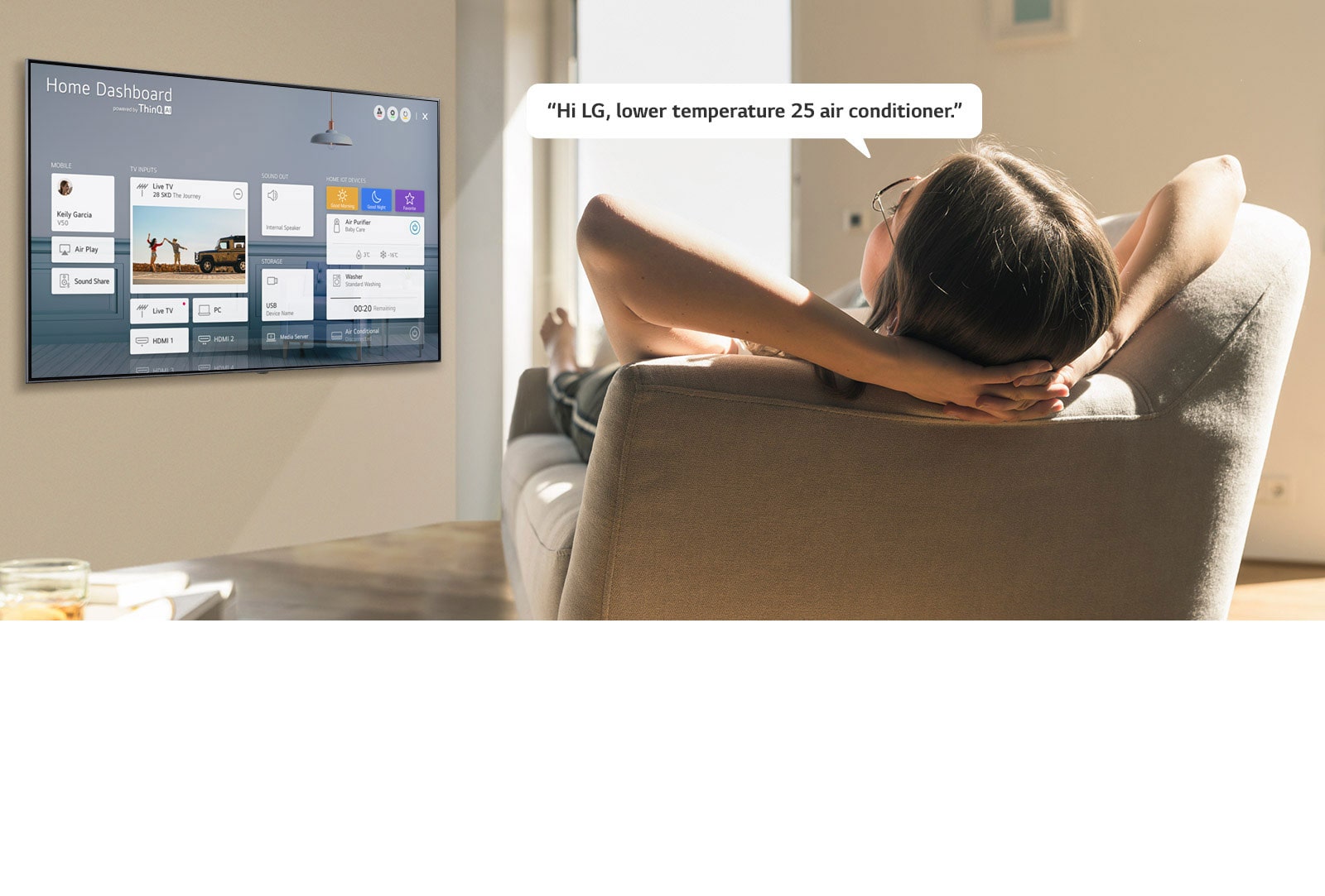 Woman lying on a sofa telling TV to lower the temperature with Home Dashboard on the TV screen