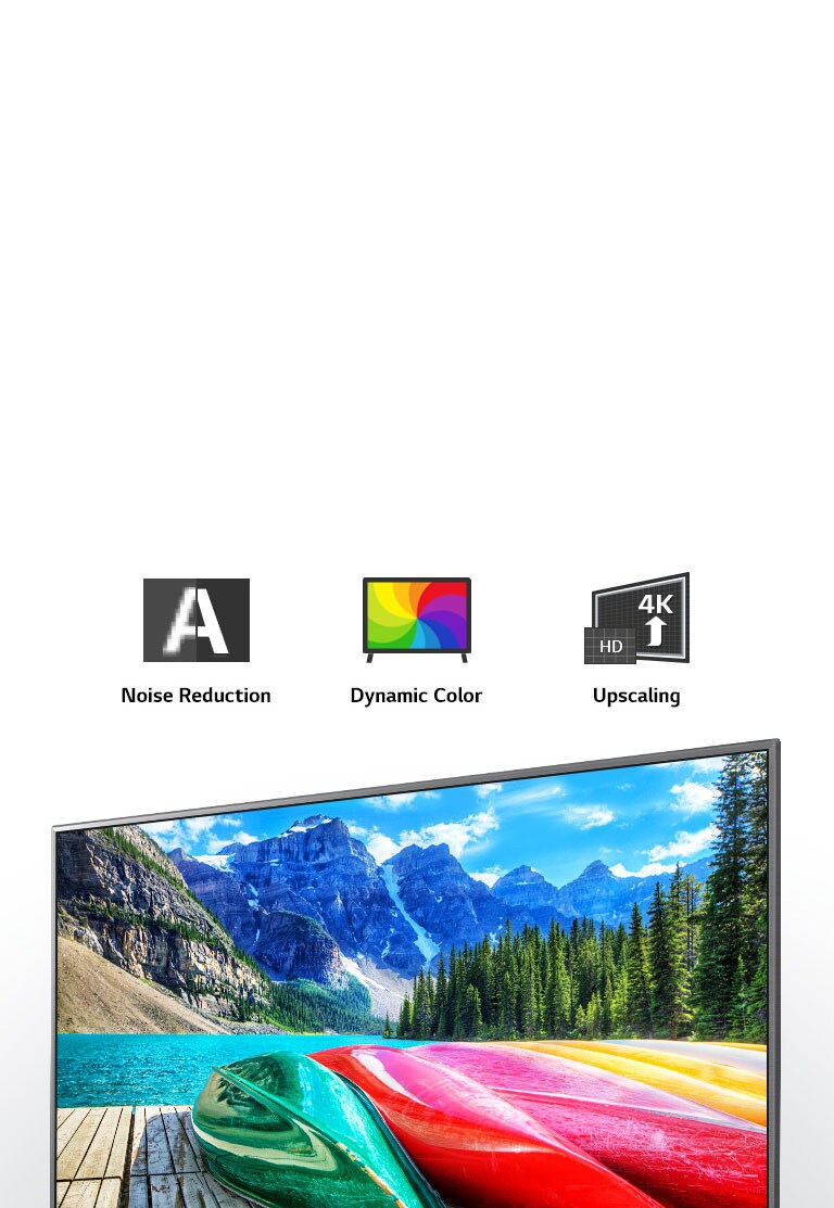 Noise reduction, dynamic colour, and upscaling icons and a TV screen showing  a scenic shot of mountains, forest, and a lake.